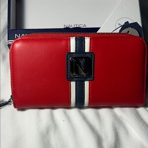 🆕 Nautica Red Wallet with Navy and White Stripes